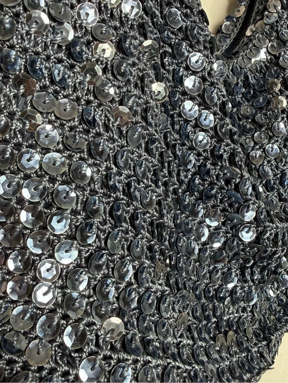 Y2K Style Sequin Crochet Hobo Bag Gray Silver Shoulder Purse Zip Lined